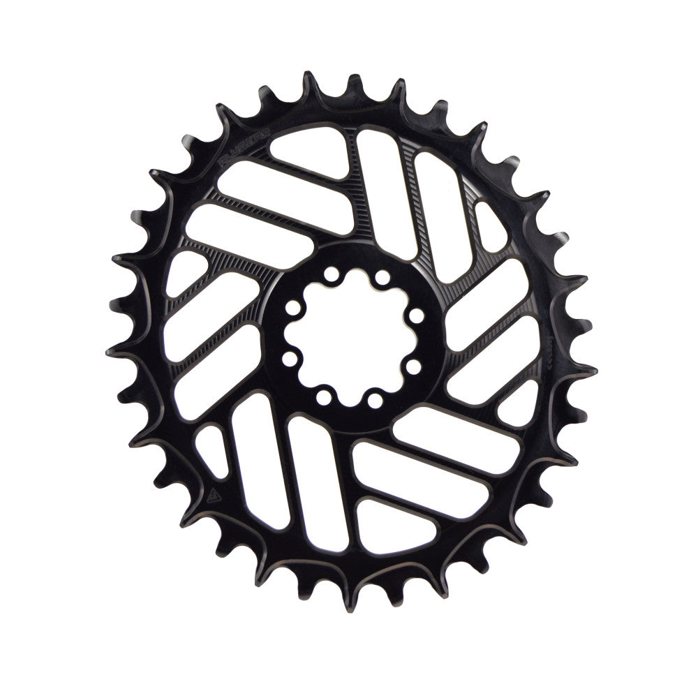 Black oval ALUGEAR boost MTB chainring, SRAM 8-bolt T-Type direct-mount, narrow-wide teeth, diagonal slot cut-outs