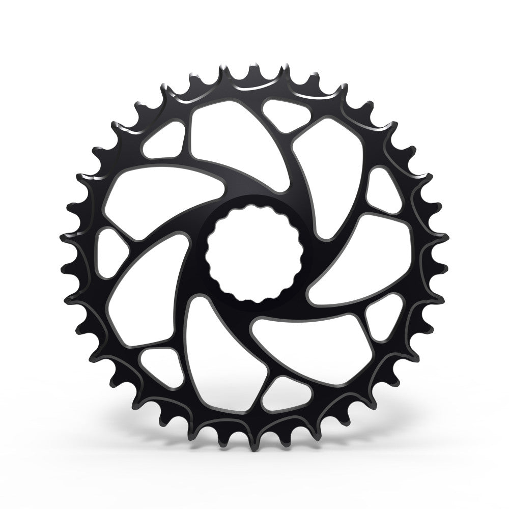 Black ALUGEAR round 1X road/gravel chainring with larger cut-out spider, Race Face/Easton Cinch direct-mount