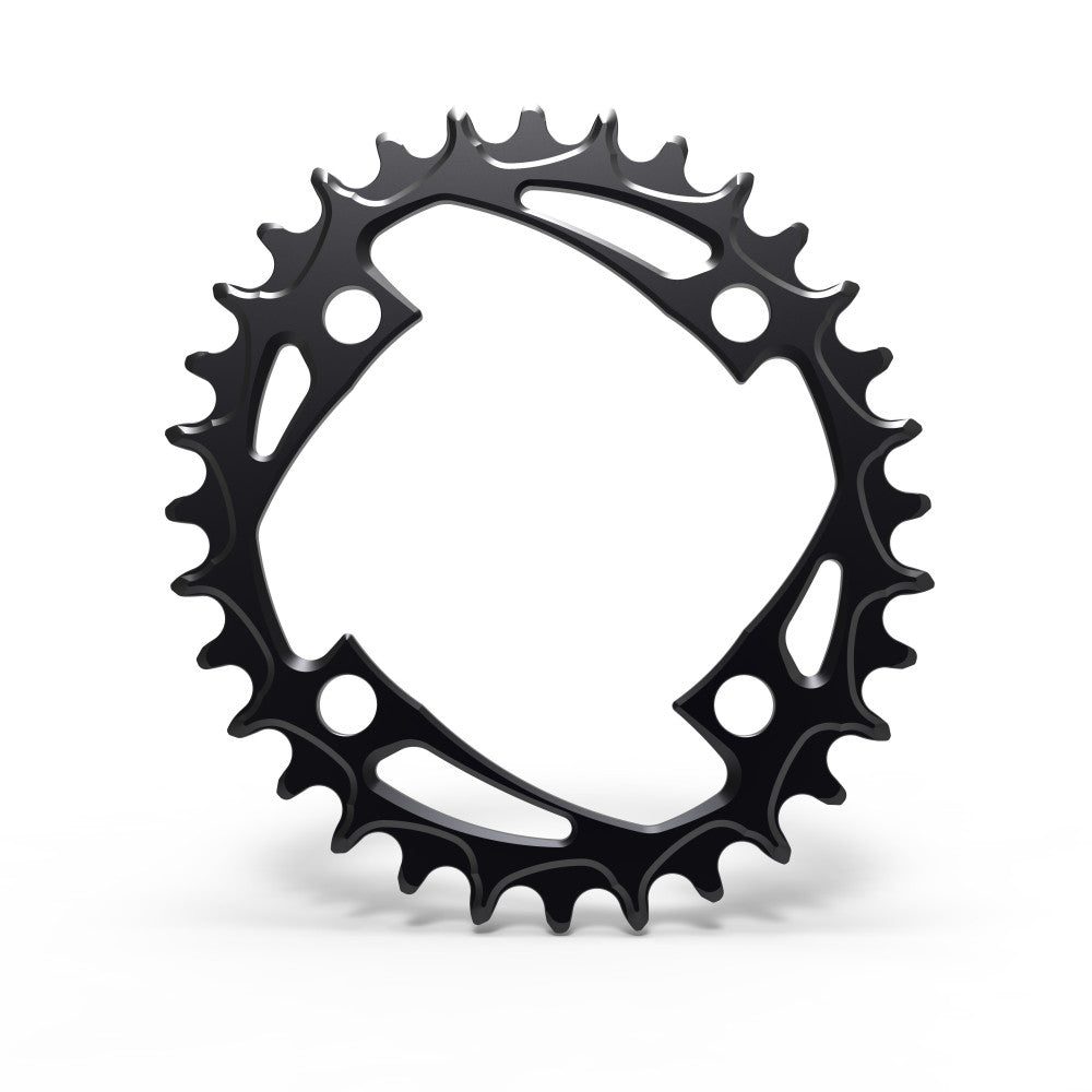 Black oval ALUGEAR MTB chainring, 94 BCD SRAM 4-bolt mount, open swirl-arm spider, narrow-wide teeth