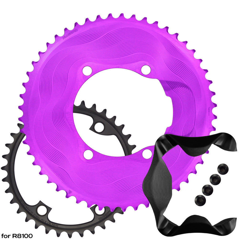 Purple ALUGEAR AERO upgrade kit for Shimano Ultegra R8100: outer chainring, black inner, AERO cover and bolts