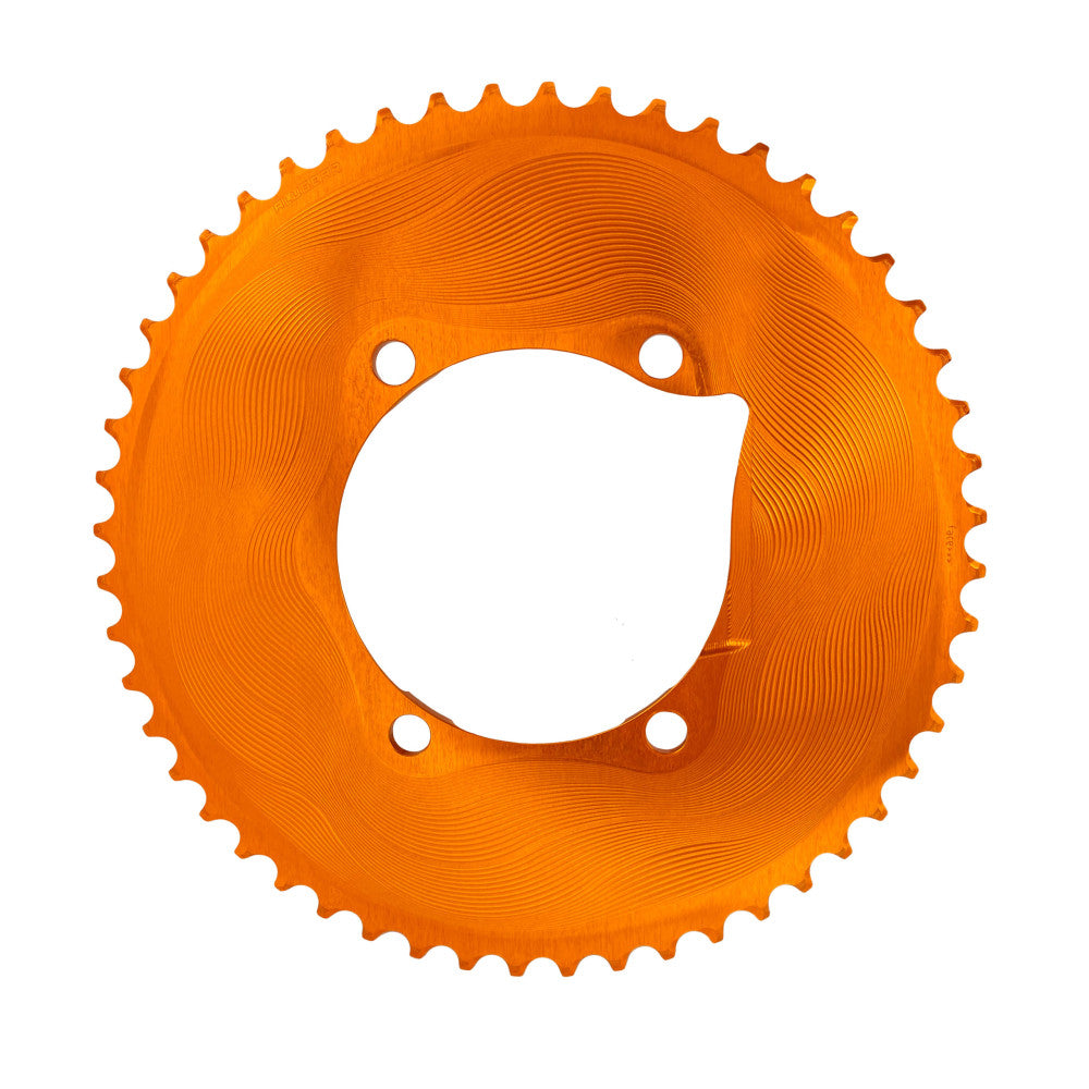 Orange anodized ALUGEAR round outer road chainring with wave machined finish, 110 BCD 4-bolt Shimano asymmetric, 2x11-speed