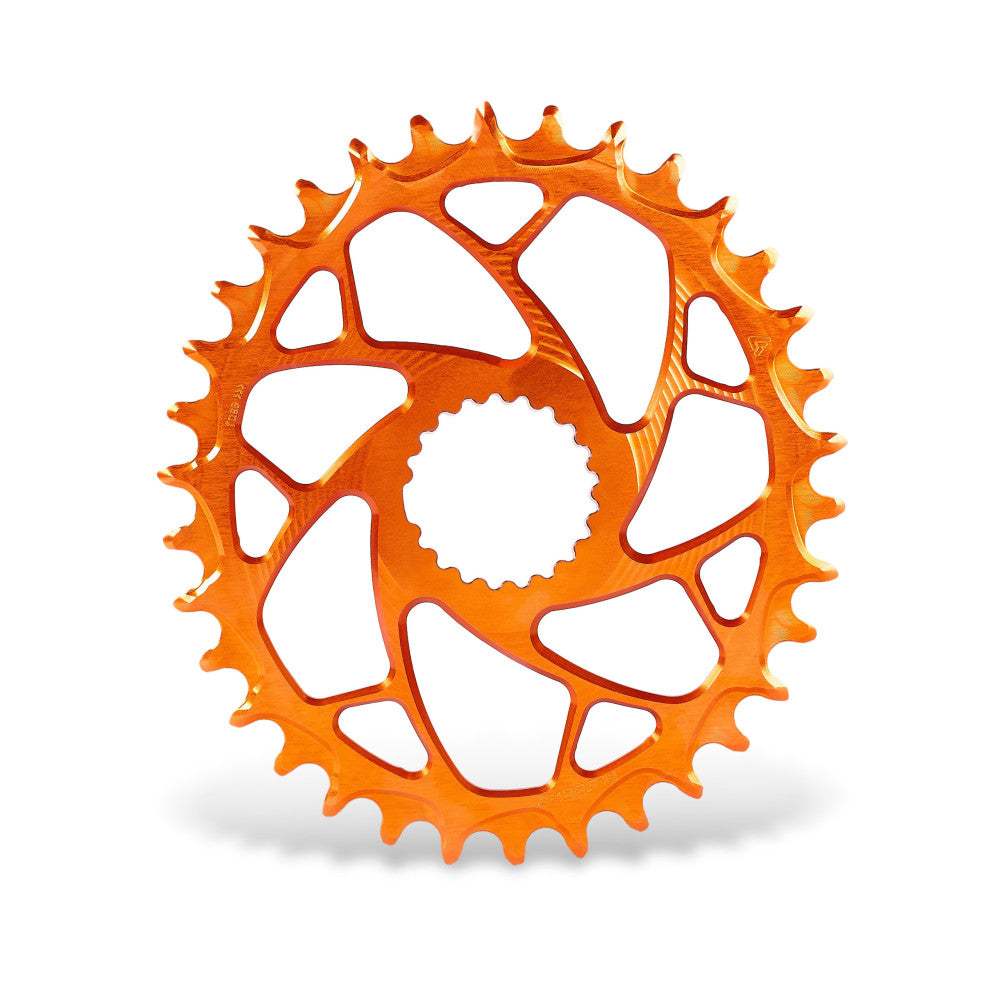 Orange anodized ALUGEAR round narrow-wide MTB chainring front view, Shimano direct-mount 12-speed Boost