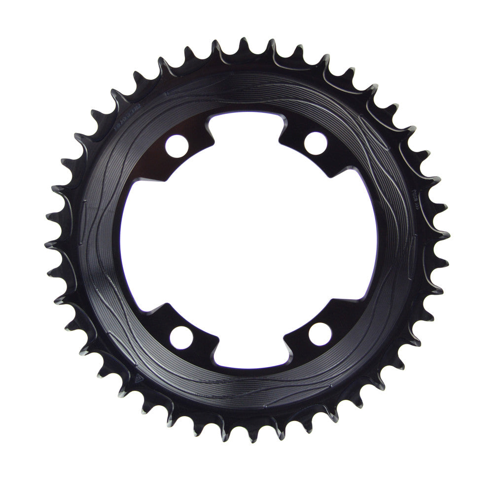Black round ALUGEAR AERO road chainring, 107 BCD 4-bolt SRAM asymmetric, 1X, machined wave finish