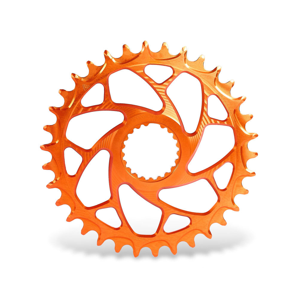 Orange anodized ALUGEAR round narrow-wide MTB chainring with spiral cut-out spider, Shimano direct-mount 12-speed Boost