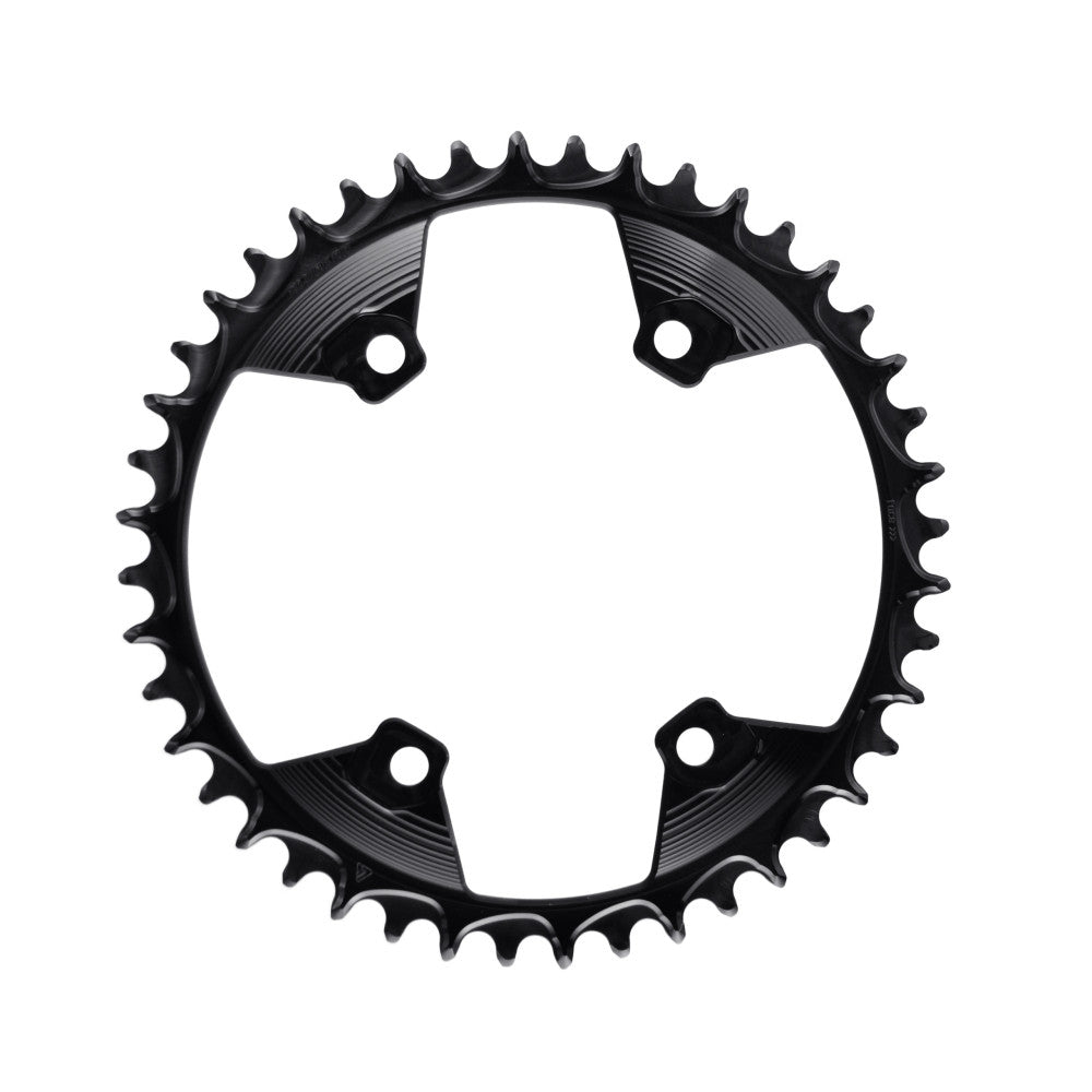 Black round ALUGEAR gravel chainring, 110 BCD 4-bolt Shimano GRX, 1X narrow-wide teeth, front view