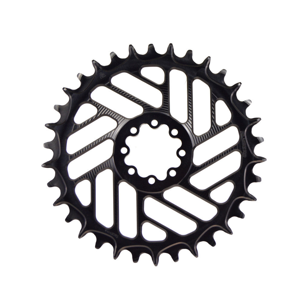 Black round ALUGEAR boost MTB chainring, SRAM 8-bolt T-Type direct-mount, narrow-wide teeth, diagonal slot cut-outs