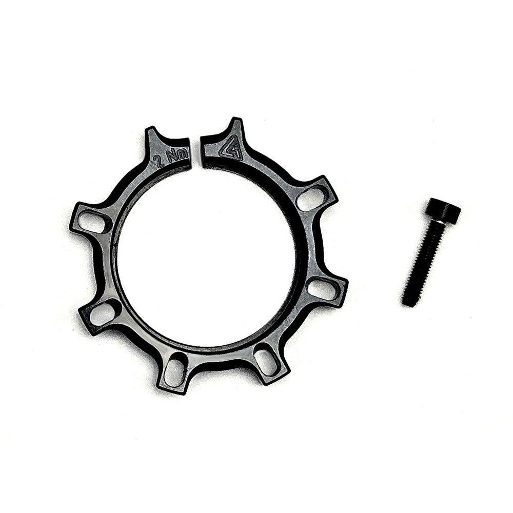 Black ALUGEAR preload adjuster ring with 2Nm torque marking and single bolt, for crank spindle preload adjustment