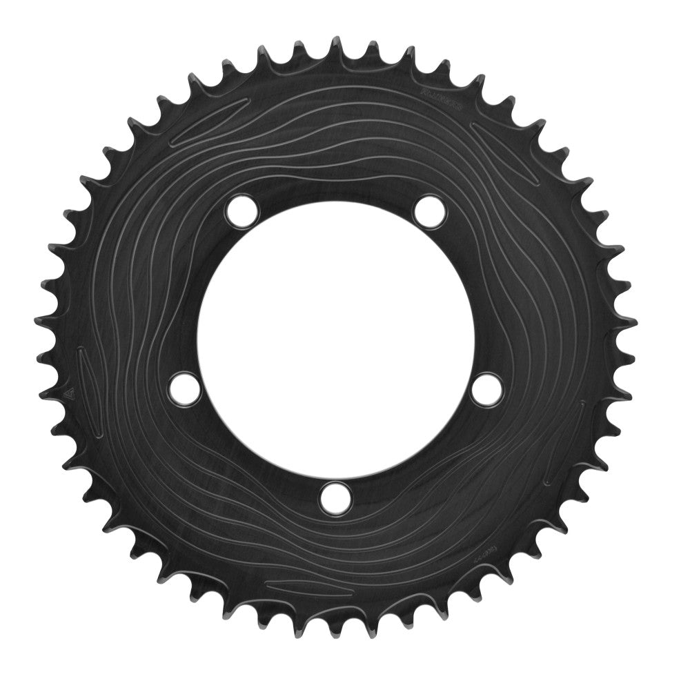 Black round AERO road chainring, 110 BCD 5-bolt, 1X, with wave-machined finish, ALUGEAR