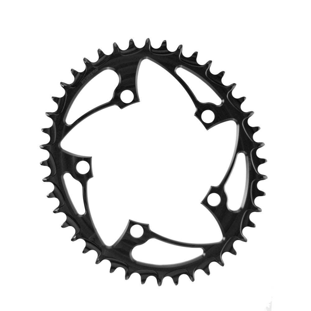 Black oval ALUGEAR road/gravel chainring, 110 BCD 5-bolt, star cut-out spider, narrow-wide teeth