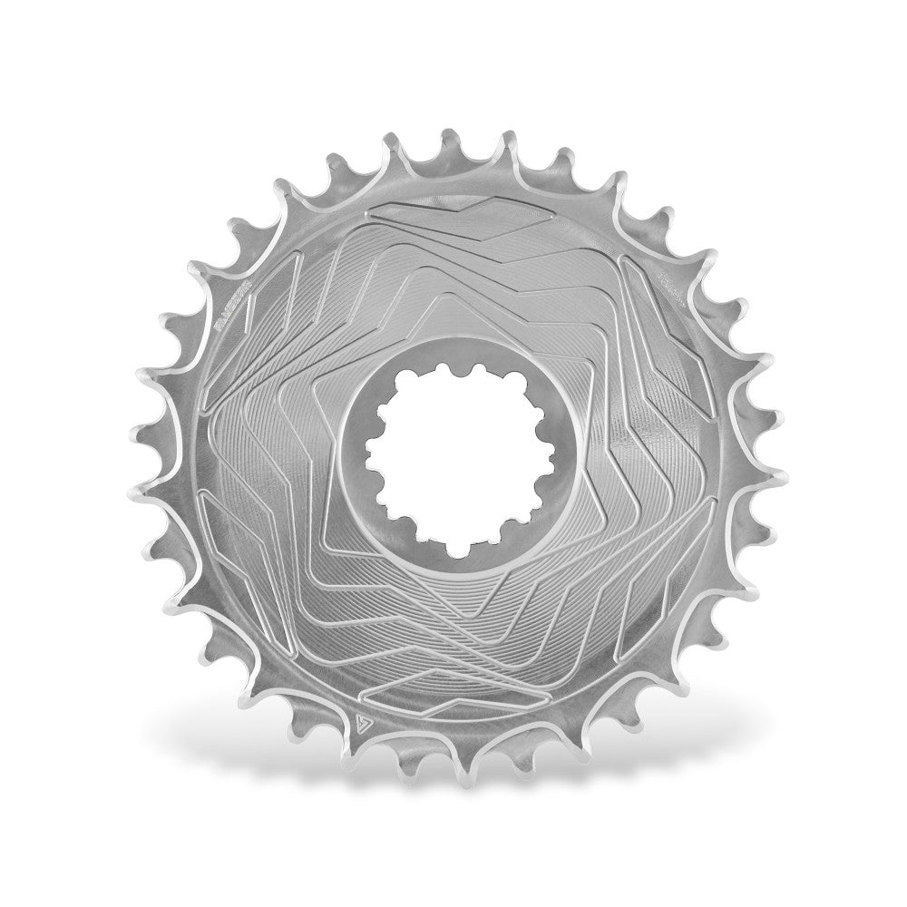 Silver natural-finish ALUGEAR round Boost MTB chainring, SRAM 3-bolt direct-mount, swirl-pattern disc body, front view