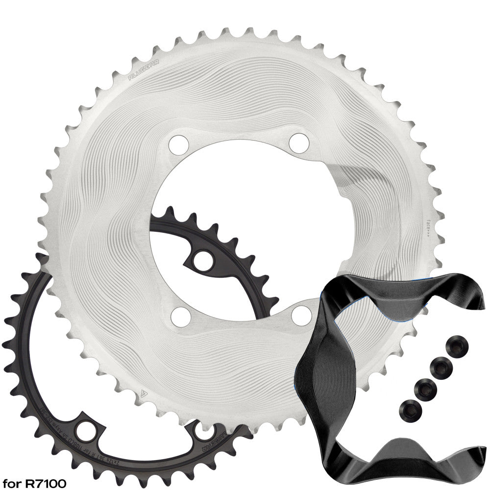 Silver ALUGEAR AERO upgrade kit for Shimano 105 R7100: outer chainring, black inner, AERO cover and bolts