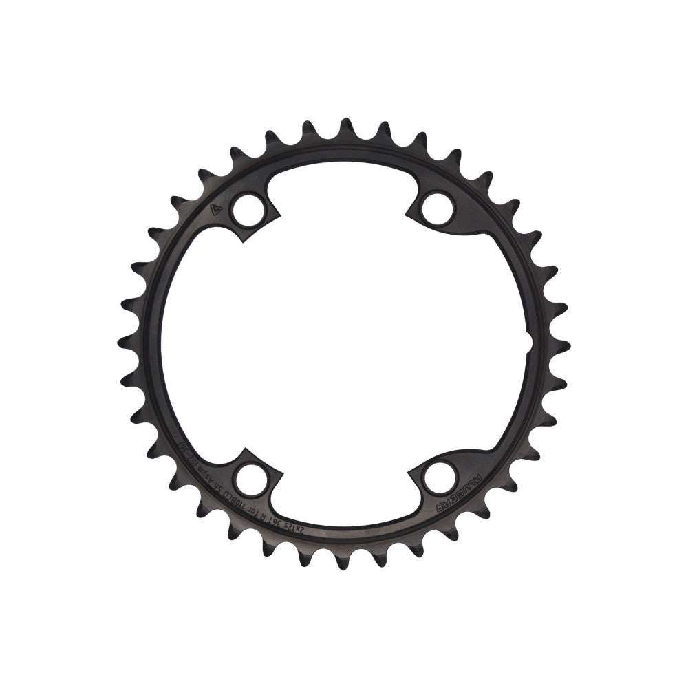 Black round ALUGEAR inner 2X road chainring, 110 BCD 4-bolt Shimano asymmetric, 2x12-speed compatible