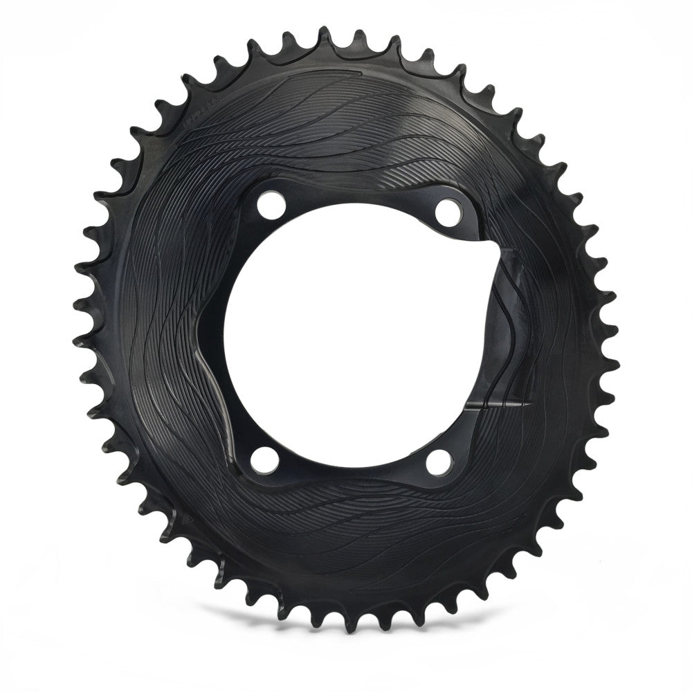 Black oval ALUGEAR AERO road chainring, 110 BCD 4-bolt Shimano asymmetric, machined wave finish, 1X