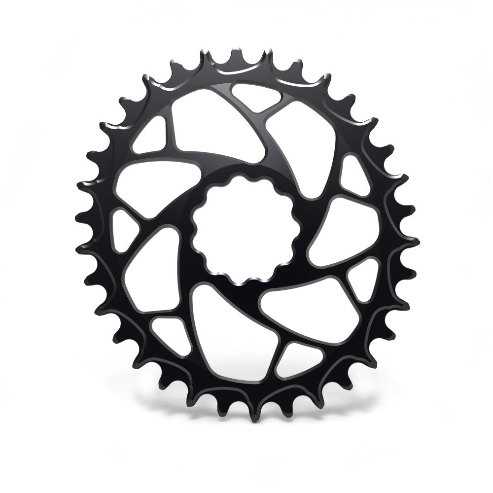 Black ALUGEAR round narrow-wide MTB chainring with spiral cut-out spider, Rotor Rex direct-mount Boost