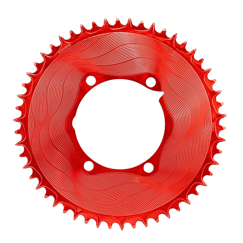 Red anodized ALUGEAR round road 1X chainring for Dfour power meter, 4-bolt asymmetric, wave pattern