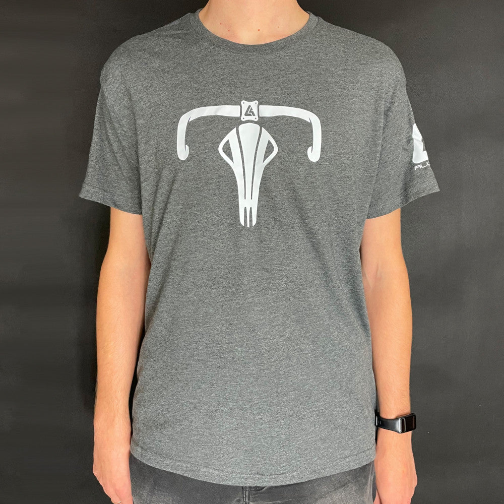Grey heathered ALUGEAR Aries T-shirt with white drop bar bicycle graphic, worn front view