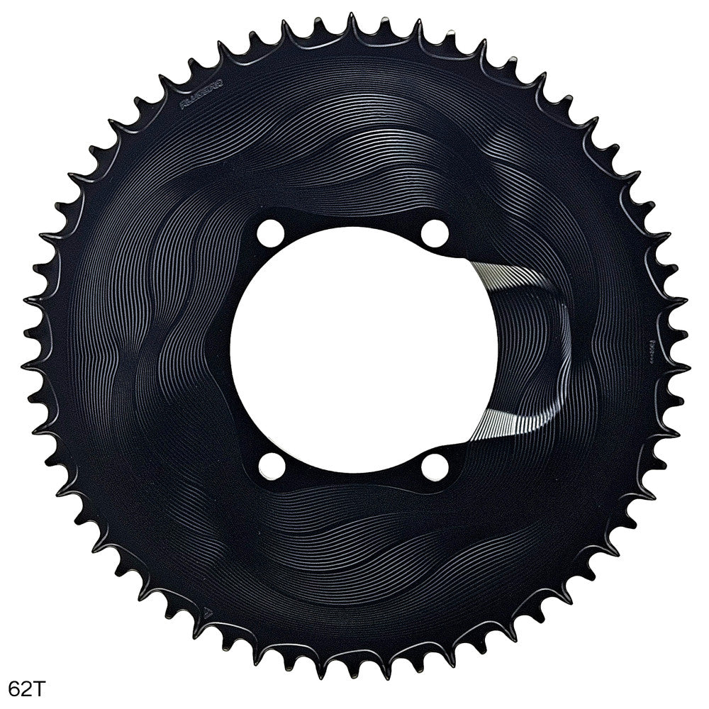 Black round ALUGEAR road chainring with wave-pattern face, 110 BCD 4-bolt Shimano asymmetric, 1X 12-speed, 62T engraved