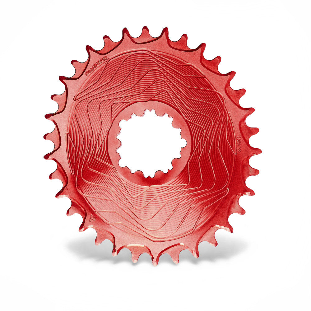 Red anodized ALUGEAR round Boost MTB chainring, SRAM 3-bolt direct-mount, wave disc body, narrow-wide teeth, front view