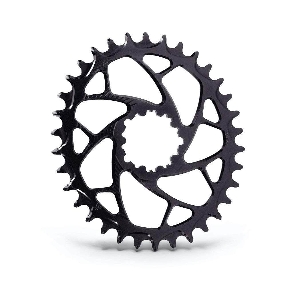 Black anodized ALUGEAR round narrow-wide MTB chainring with spiral cut-out spider, SRAM 3-bolt direct-mount Boost