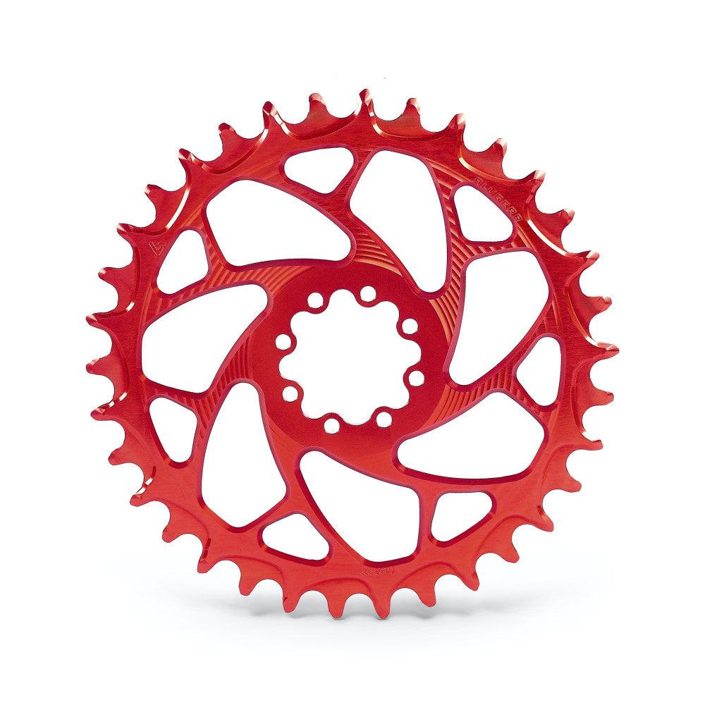Red anodized ALUGEAR round narrow-wide MTB chainring with 6-bolt interface, SRAM 8-bolt direct-mount Boost