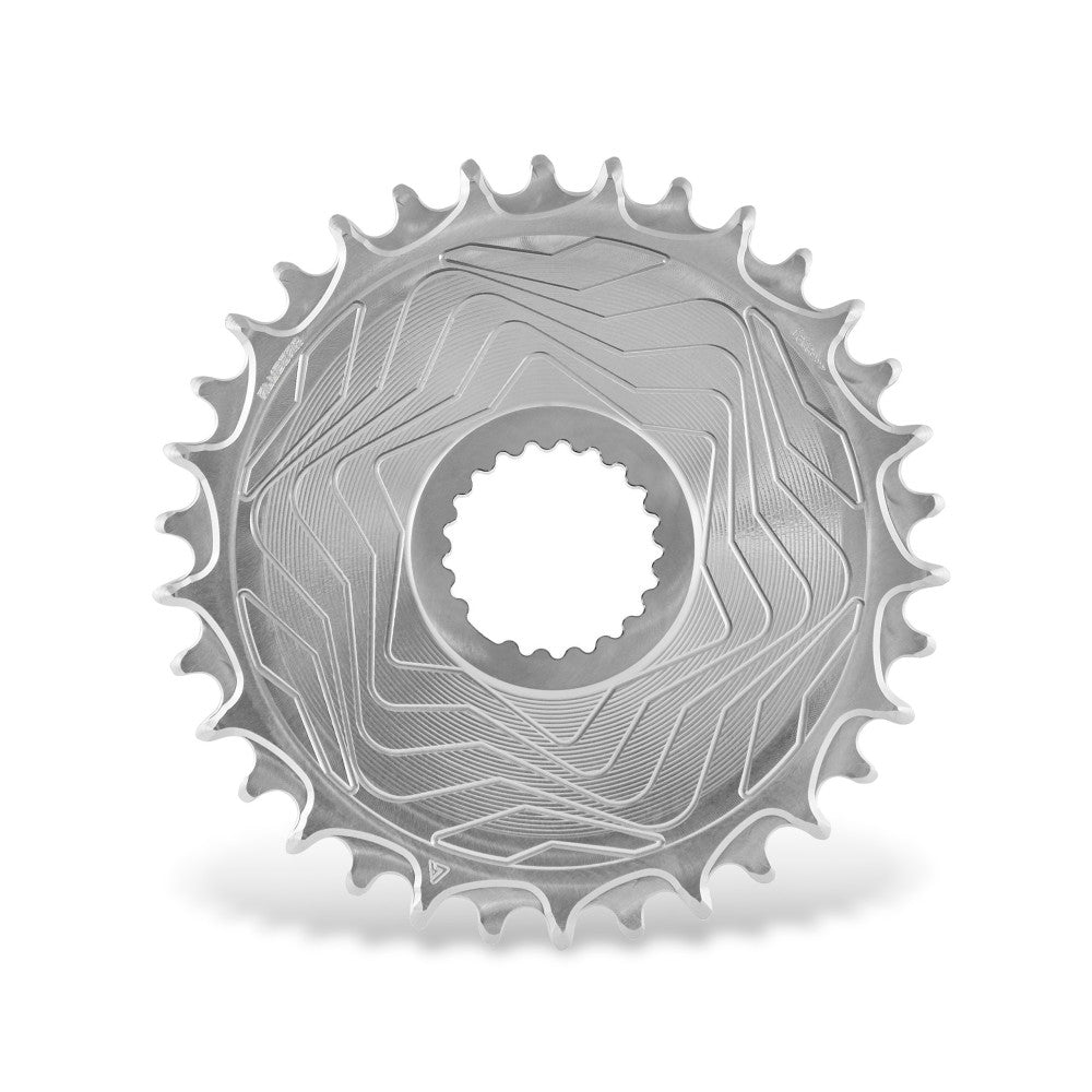 Silver natural-finish ALUGEAR round Boost AERO MTB chainring, Shimano direct-mount 12sp, swirl disc body, front view