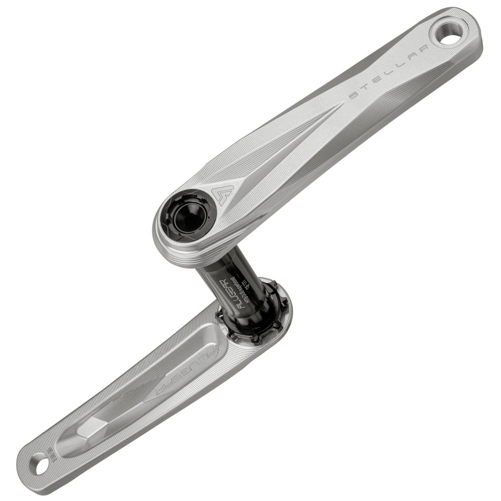 Silver natural ALUGEAR Stellar AL MTB crankset, DUB spindle interface, paired crank arms at 180 degrees