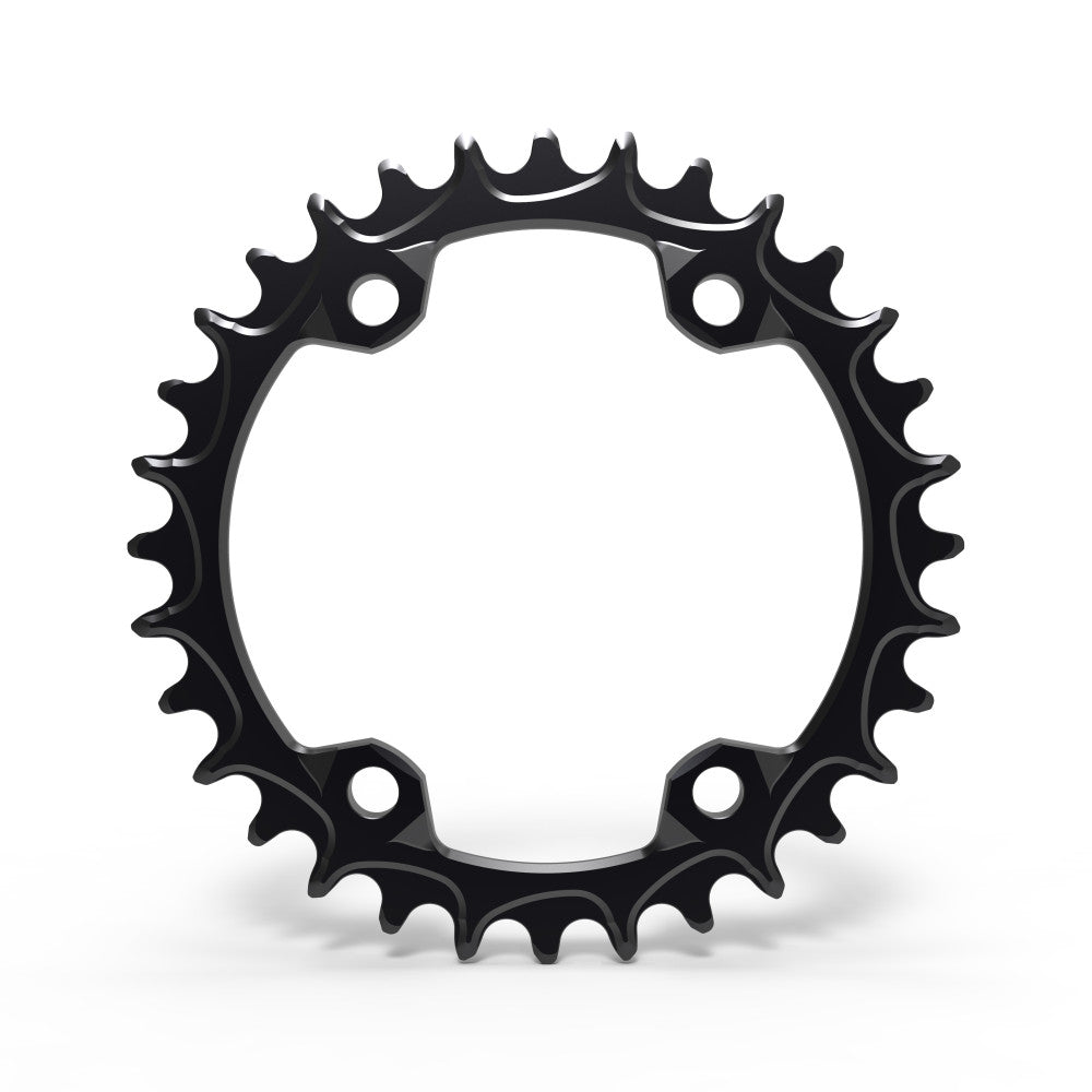 Black round ALUGEAR MTB chainring, 96 BCD 4-bolt Shimano asymmetric, narrow-wide teeth, front view