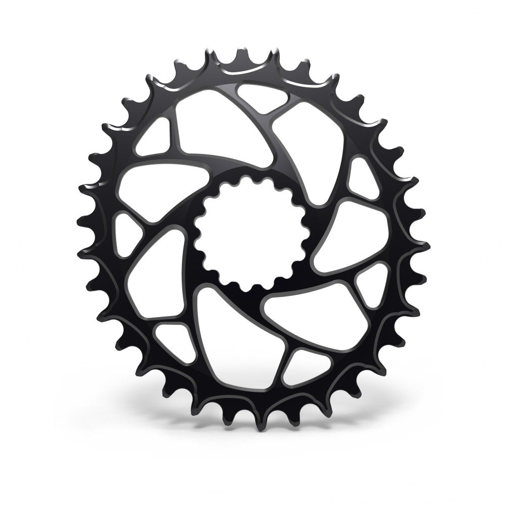 Black ALUGEAR round narrow-wide MTB chainring with spiral cut-out spider, e*thirteen direct-mount Boost