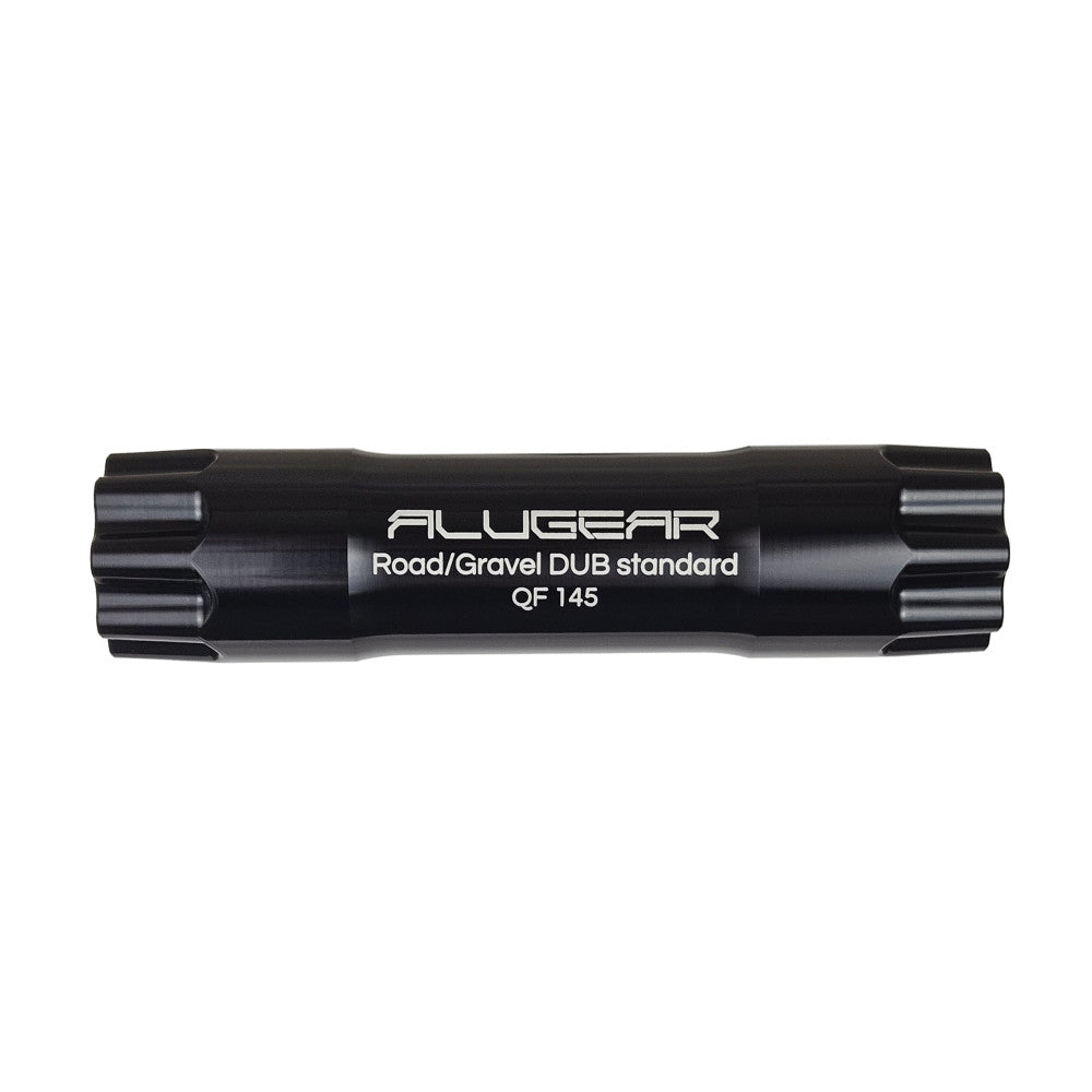 Black anodized ALUGEAR crankset spindle for SRAM DUB Road/Gravel standard, QF 145mm, splined ends