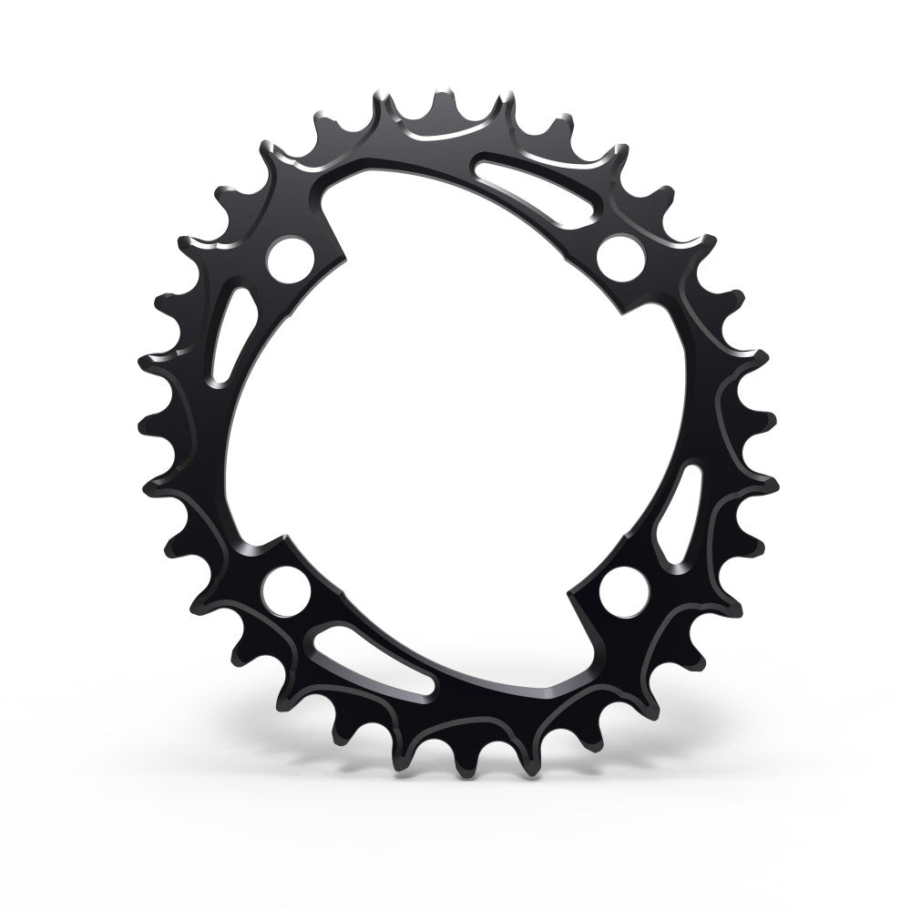 Black oval ALUGEAR MTB chainring, 96 BCD Shimano symmetric 4-bolt mount, open swirl-arm spider, narrow-wide teeth