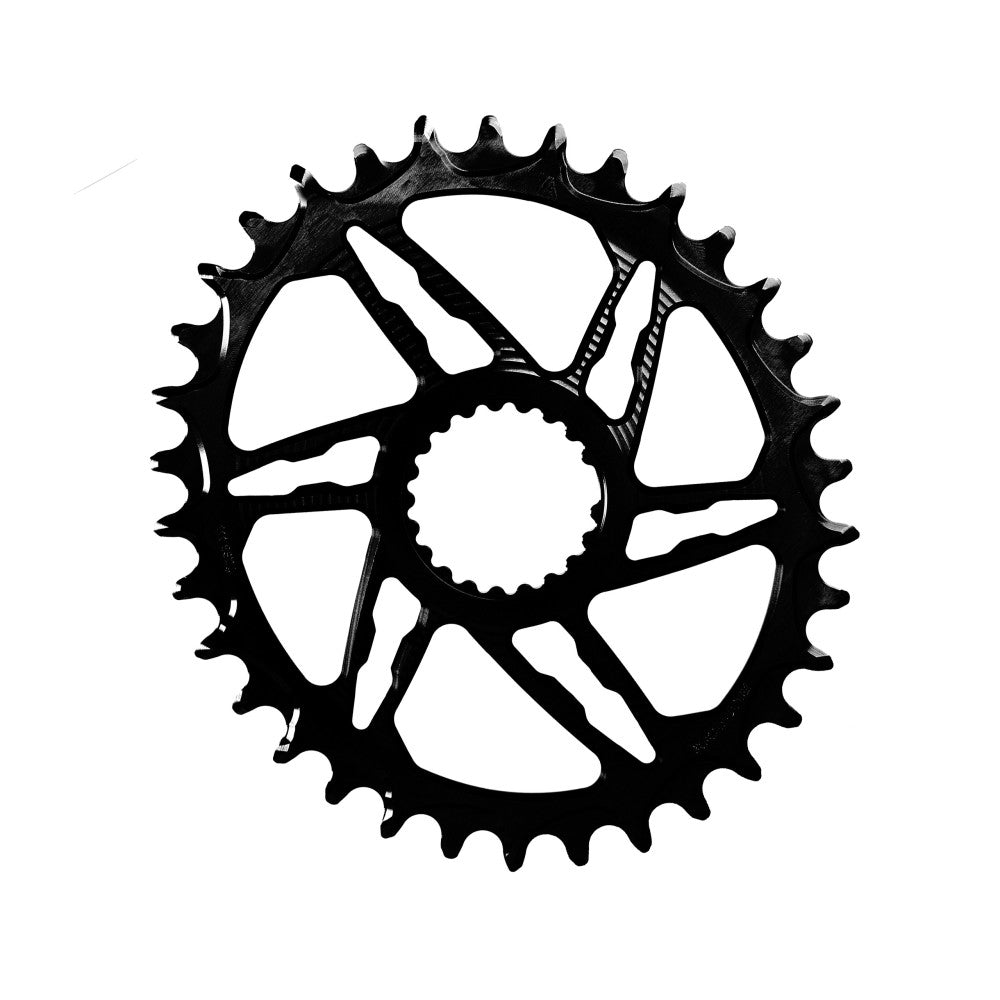 Black ALUGEAR oval MTB chainring, Shimano direct-mount 12-speed, open 5-arm spider cut-out, narrow-wide teeth
