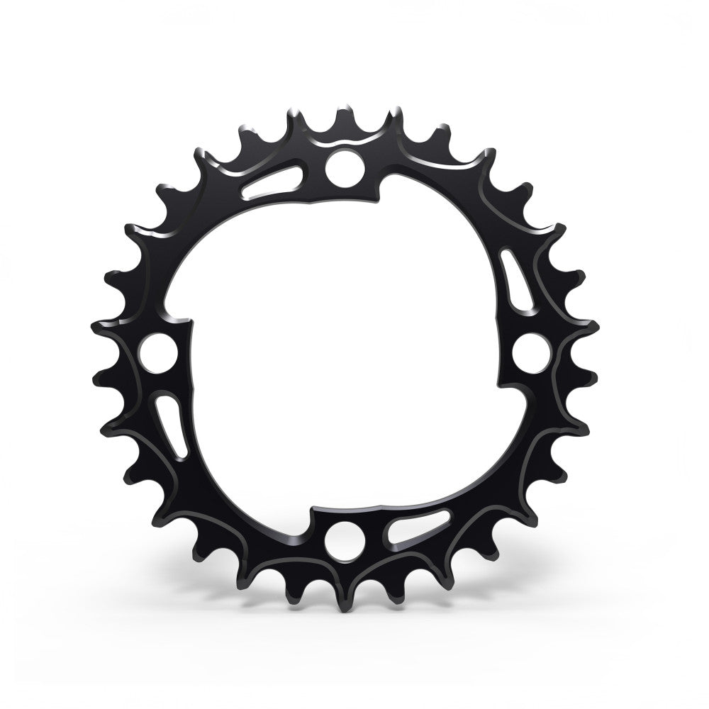 Black round ALUGEAR MTB chainring, 94/96 BCD 4-bolt mount, large open ring body, narrow-wide teeth