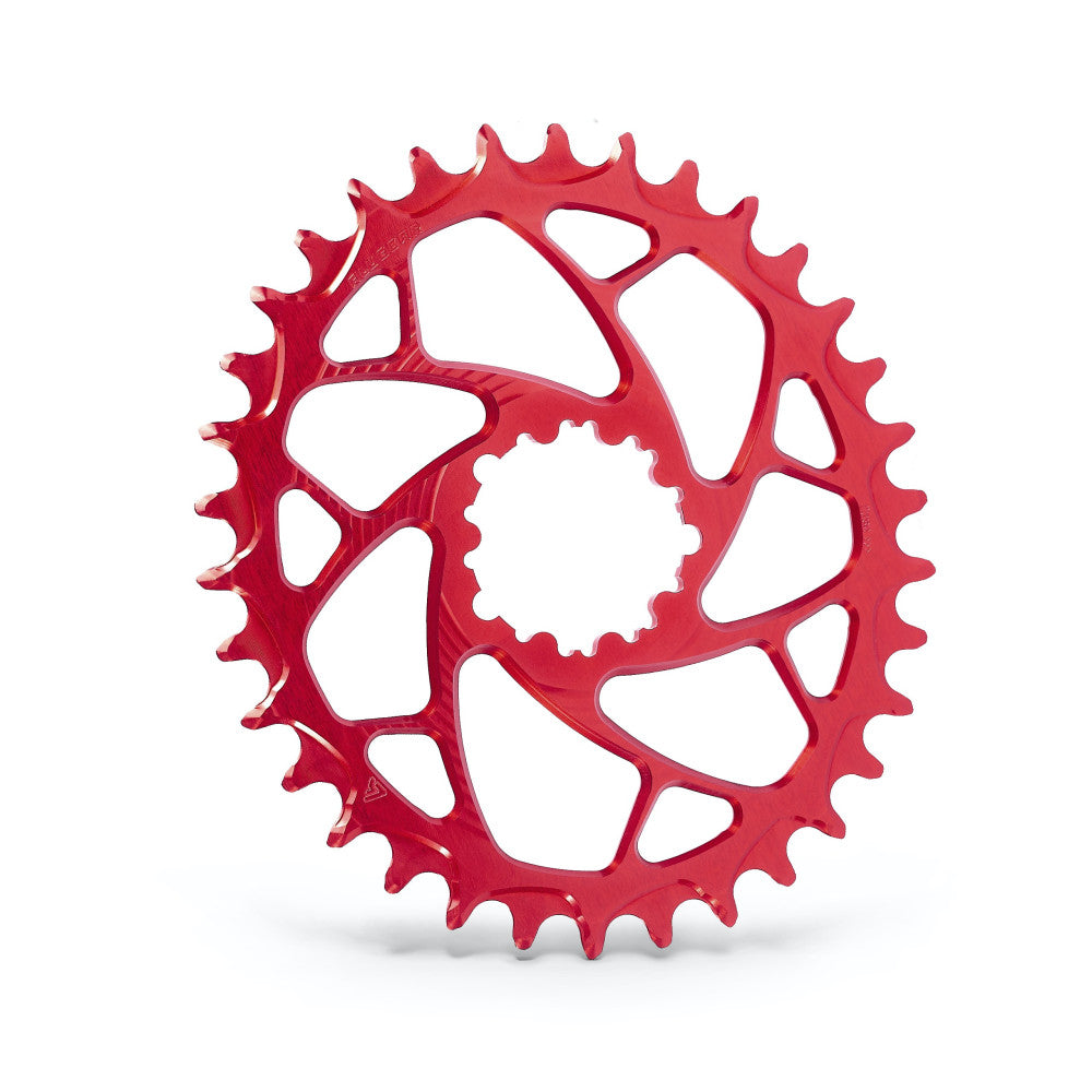 Red anodized ALUGEAR round narrow-wide MTB chainring with spiral cut-out spider, SRAM 3-bolt direct-mount Boost