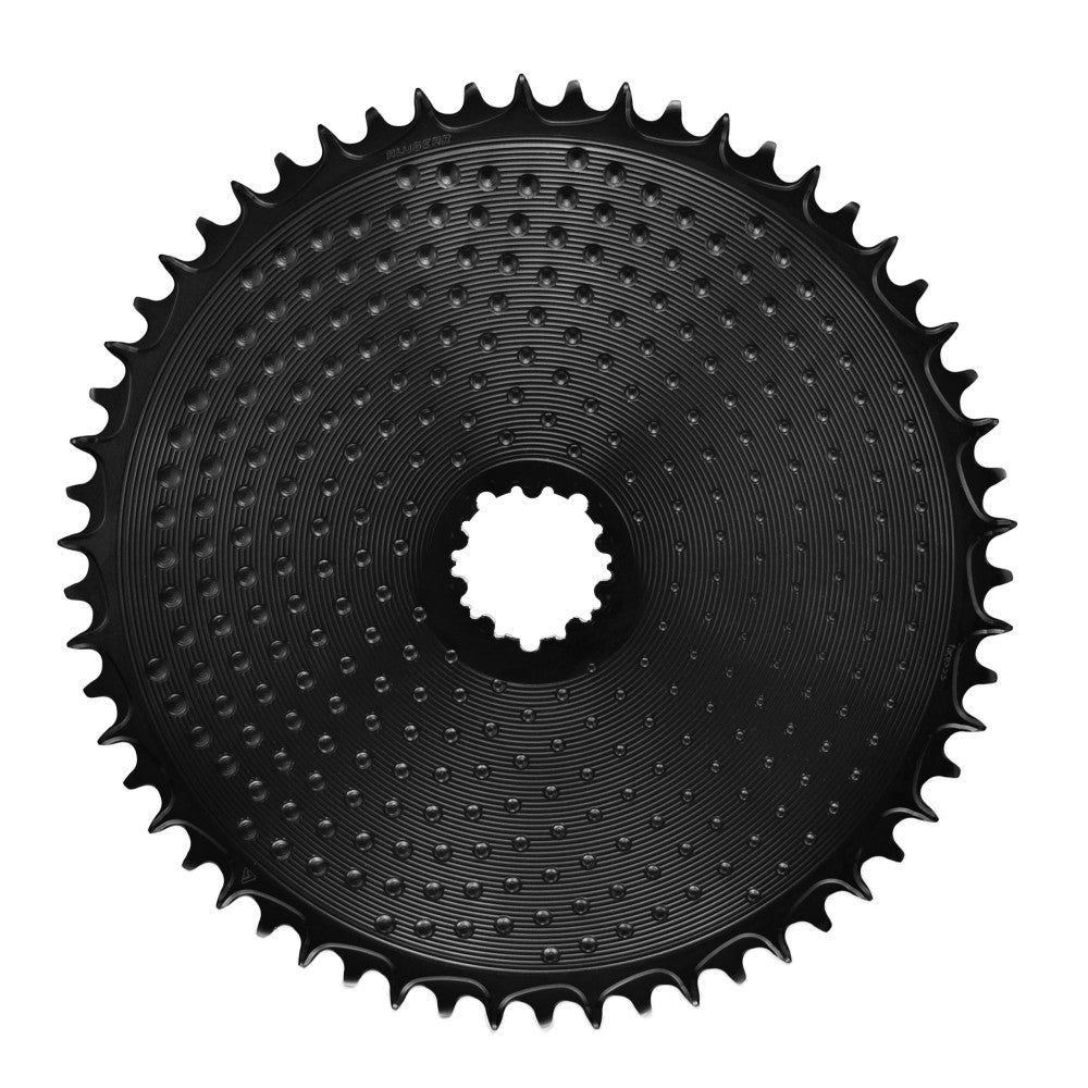 Black ALUGEAR round AERO Golf Ball 1X chainring, SRAM 3-bolt direct-mount, narrow-wide teeth, dimpled surface