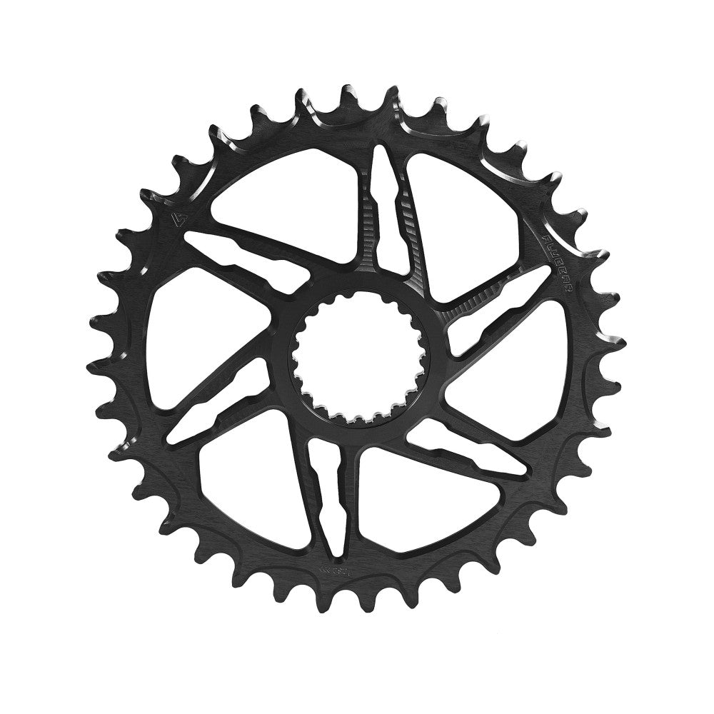 Black ALUGEAR round MTB chainring, Shimano direct-mount 12-speed, open 5-arm spider cut-out, narrow-wide teeth