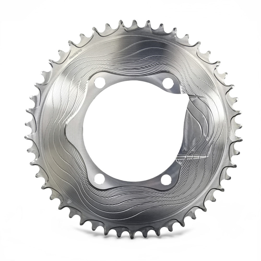 Silver machined ALUGEAR AERO round road chainring, 110 BCD 4-bolt Shimano asymmetric, wave finish, 1X