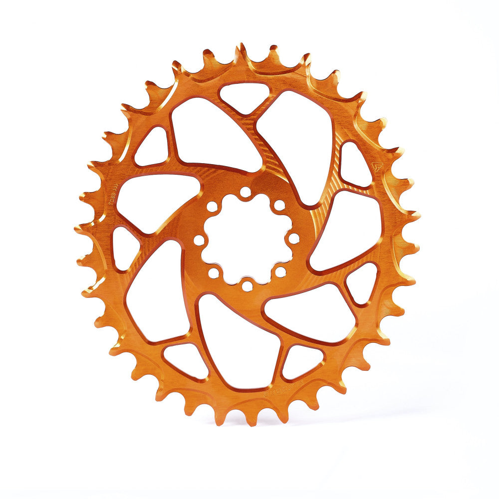 Orange anodized ALUGEAR round narrow-wide MTB chainring with 6-bolt interface, SRAM 8-bolt direct-mount Boost