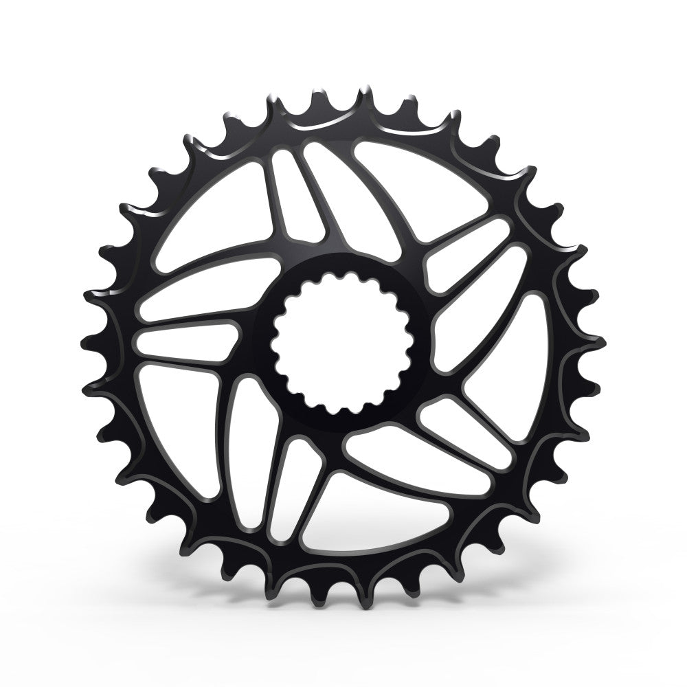 Black round ALUGEAR non-boost MTB chainring, Cannondale Hollowgram direct-mount, open web spider, angled view