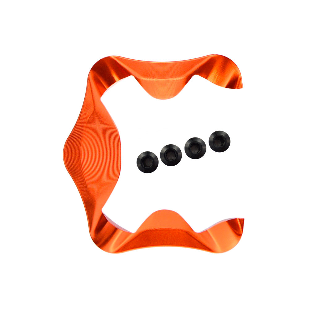 Orange anodized ALUGEAR aero cover for Shimano 105 R7100 12-speed cranks, C-shaped, with 4 black hex bolts