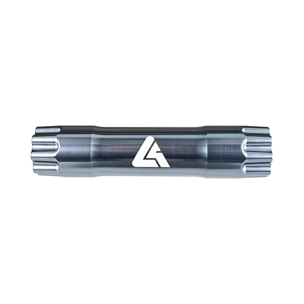 Titanium-finished ALUGEAR Stellar Ti DUB MTB spindle for titanium cranks, ALUGEAR logo side, QF 168mm