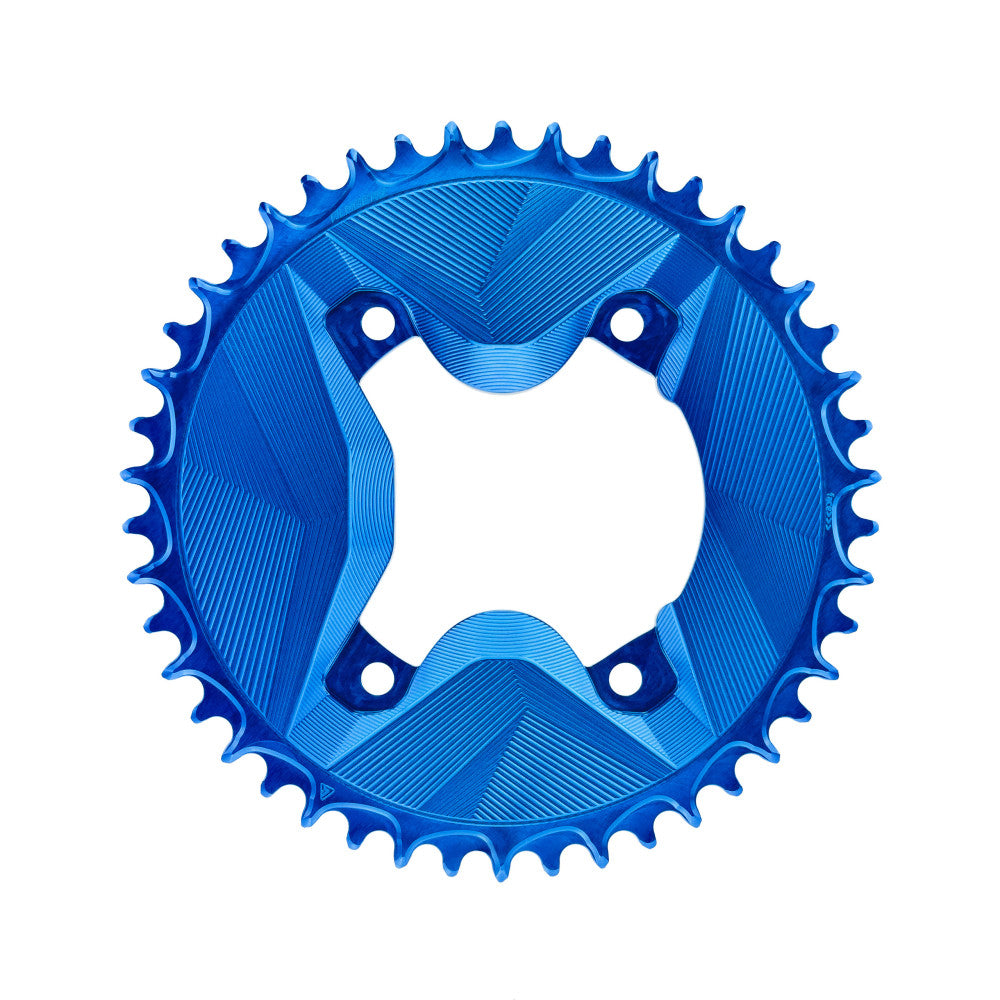 Blue anodized round ALUGEAR 1X AERO chainring for Shimano GRX, asymmetric 4-bolt mount, front view