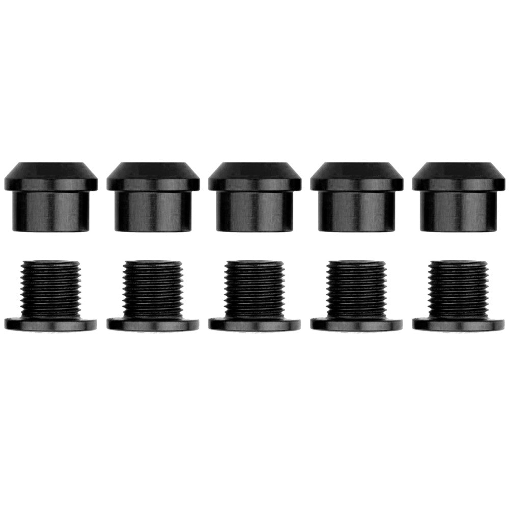 Black anodized chainring bolt set 5 pieces, short cap style nuts and threaded bolts, front view