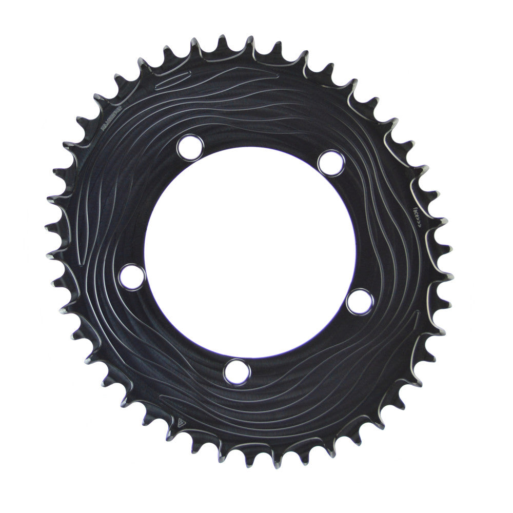 Black oval ALUGEAR AERO road chainring, 110 BCD 5-bolt, machined wave finish, 1X, front view