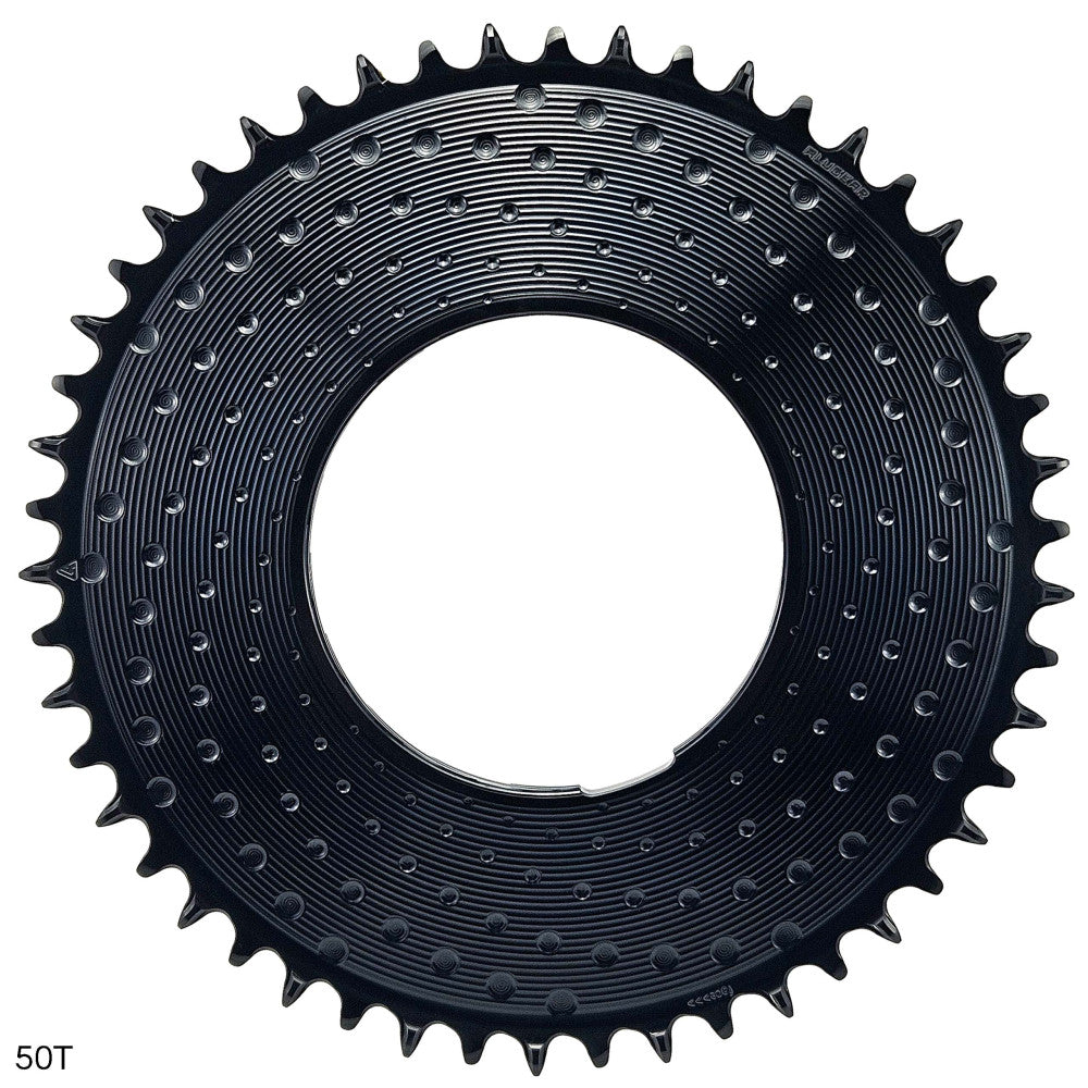 Black ALUGEAR round AERO road/gravel 1X chainring 50T, thread mount 6.5mm offset, dot texture surface