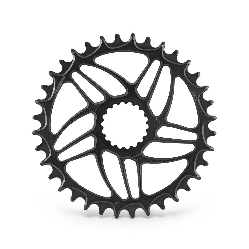 Black round ALUGEAR boost MTB chainring, Cannondale Hollowgram Ai direct-mount, open triangular spider, narrow-wide teeth