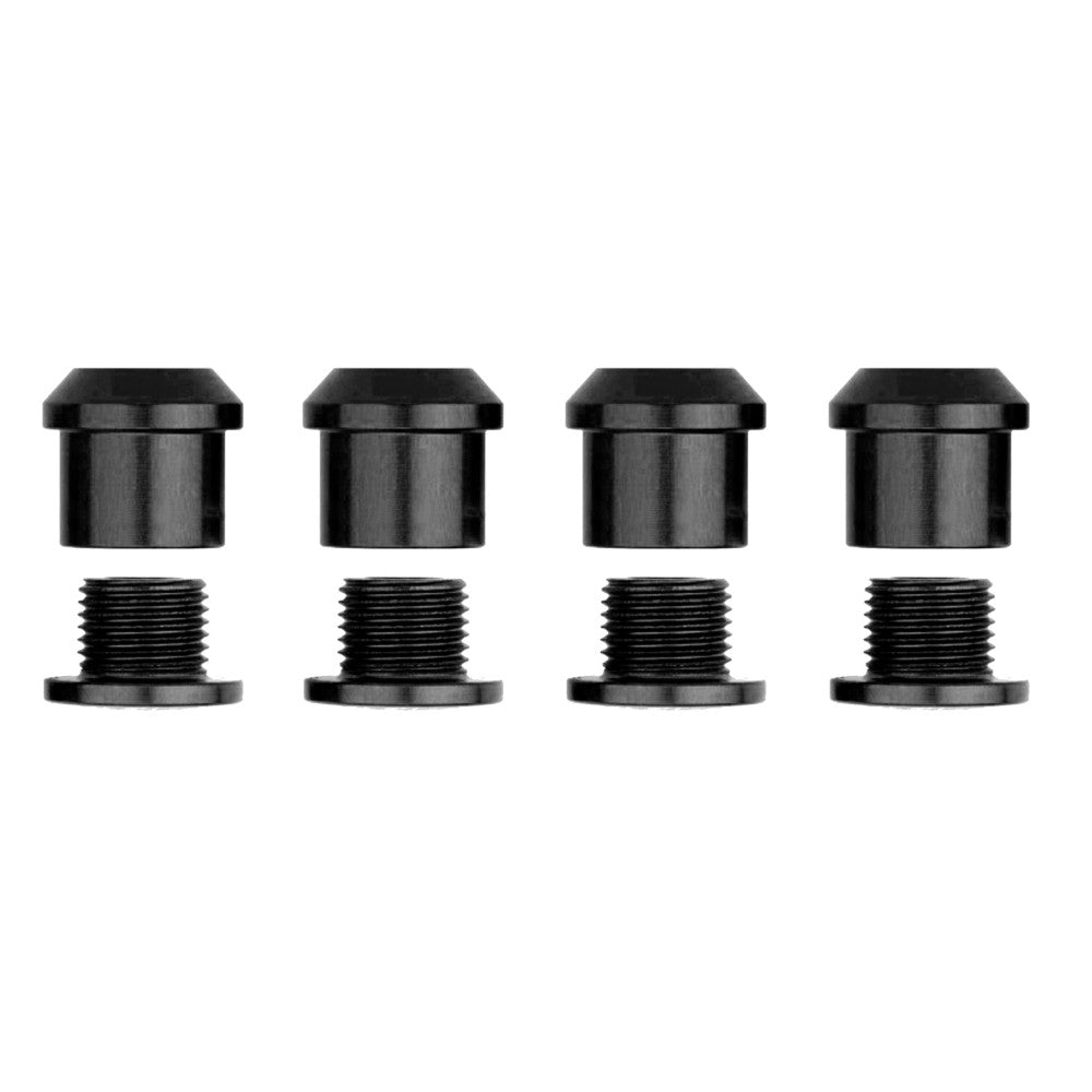 Black anodized chainring bolt set with hex-drive caps and threaded bolts, 4 pieces, top-down view