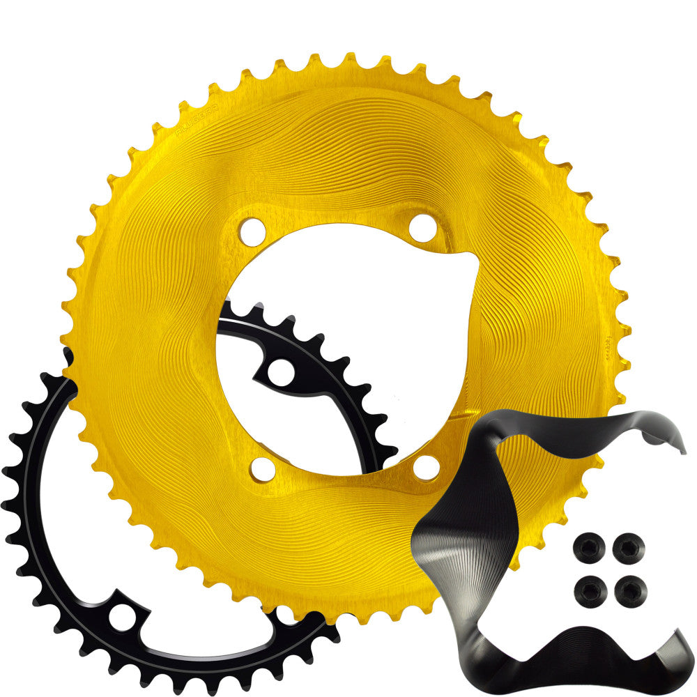 Gold ALUGEAR AERO upgrade kit for Shimano Ultegra R8000 2x11-speed: outer chainring, black inner, black AERO cover and bolts