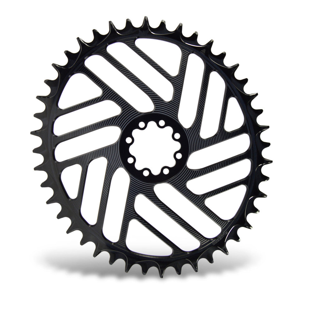 Black oval ALUGEAR 1X road/gravel chainring, SRAM 8-bolt direct-mount, large triangular cut-outs, narrow-wide teeth