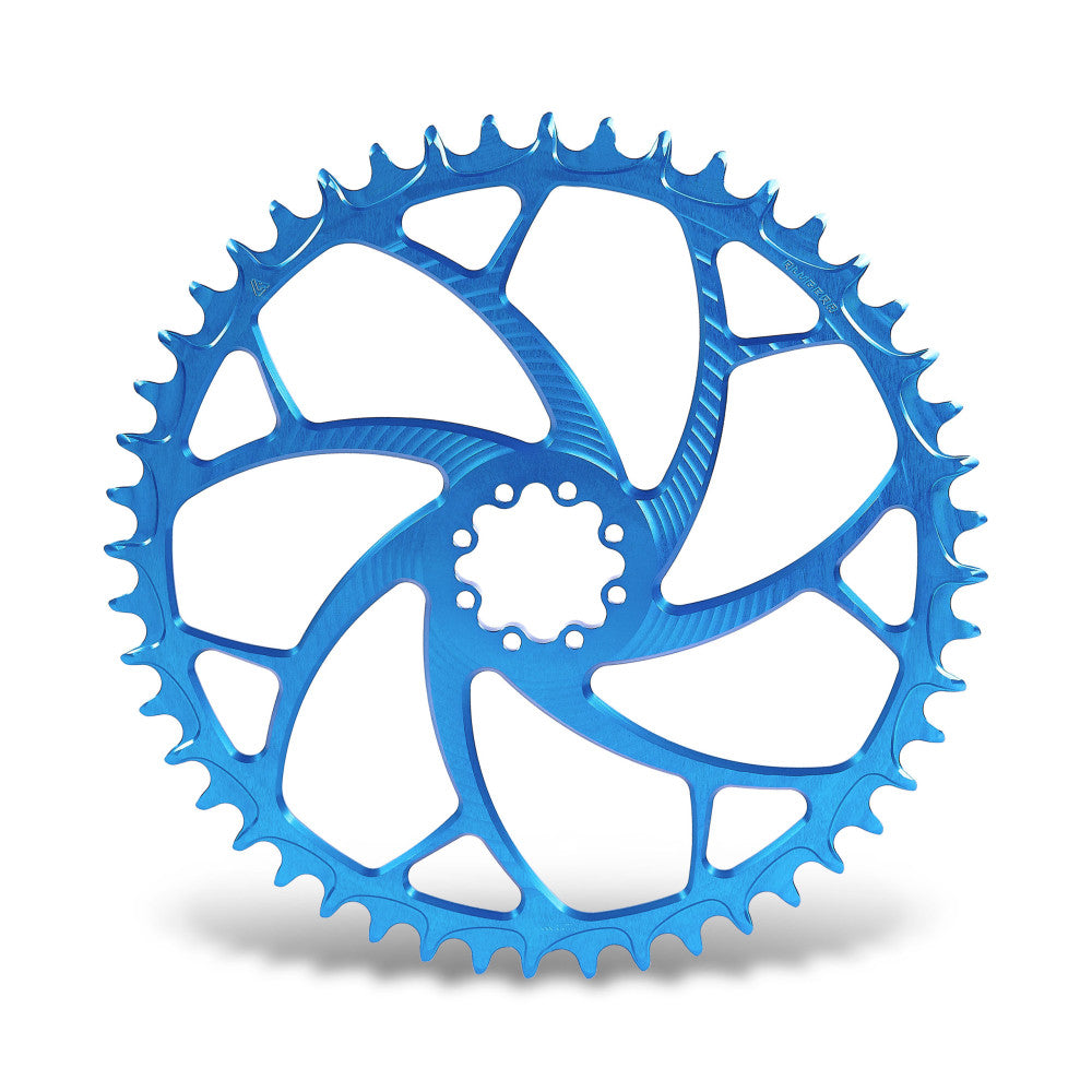 Blue anodized ALUGEAR round 1X road/gravel chainring with 6-bolt interface, SRAM 8-bolt direct-mount