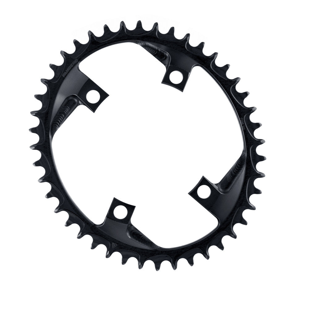 Black oval ALUGEAR road chainring, 110 BCD 4-bolt SRAM Apex, 1X narrow-wide teeth, front view